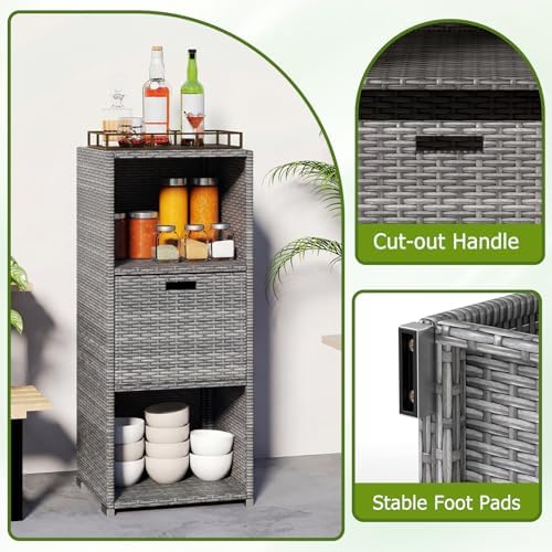 HAPPYGRILL Outdoor Storage Cabinet PE Rattan Wicker Storage Shed Organizer with Shelves Drawer, for Patio Porch, Garden, Backyard and Poolside (Mix Grey)