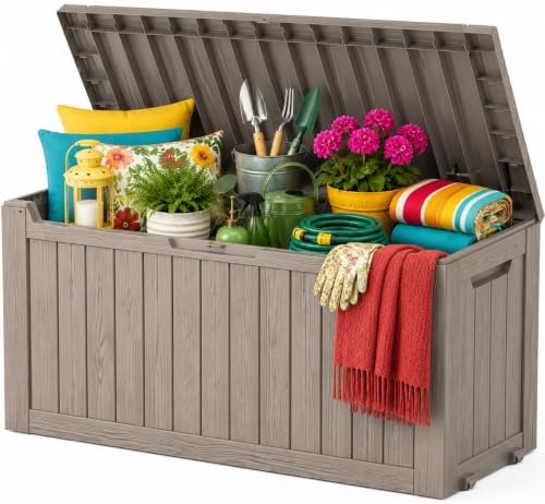 Outdoor Storage Box,Waterproof 100 Gallon Resin Deck Box With Wheels