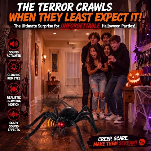 3 Pack 34" Halloween Animatronic Spiders Decor, Jumping Wriggling Climbing