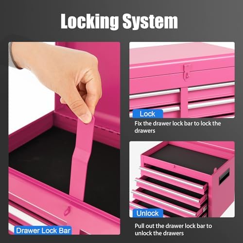Rolling Tool Chest, 5-Drawer Tool Storage Cabinet with Wheels, Adjustable Shelf & Anti-Slip Liner, Tool Box Organizer for Garage, Warehouse & Workshop (Pink)