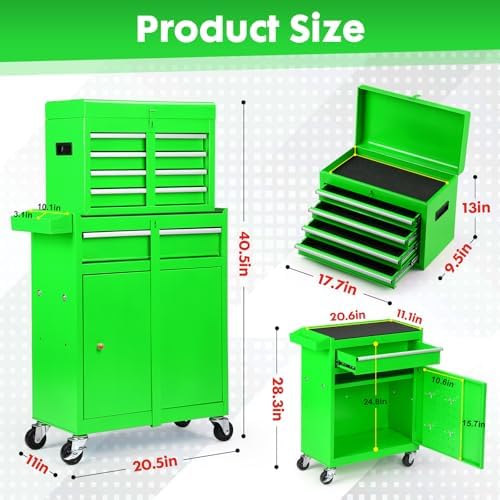 Dawmilon 5-Drawer Rolling Tool Chest, 2-in-1 Tool Box Organizer with Lockable Wheels, Sliding Drawers, and Detachable Top, Garage Workshop Tool Storage Cabinet, Green