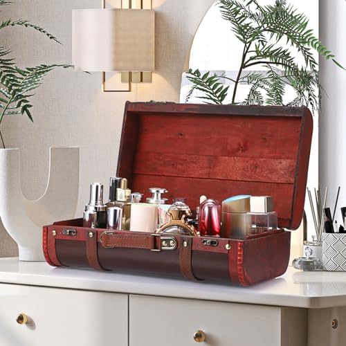 ELLDOO Vintage Wooden Storage Chest, Portable Decorative Luggage Suitcase, Vintage Red Treasure Chest Box, Pirate Keepsakes Box for Gifts, Chest Storage Box for Decor Storage Travel