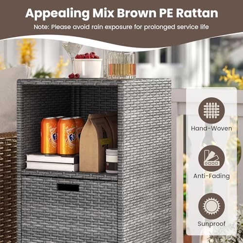 Tangkula Rattan Outdoor Storage Cabinet, Patiojoy Outdoor Wicker Cabinet with 3 Shelves, 1 Removable Drawer, Patio Storage Deck Box for Backyard Poolside Porch