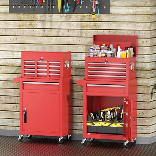 INTERGREAT Tool Chest, 5 Drawers Rolling Tool Chest with Detachable Top Tool Box, Tool Chests with Universal Lockable Wheels, Metal Tool Cart for Garage, Workshop, Barbershop, Red