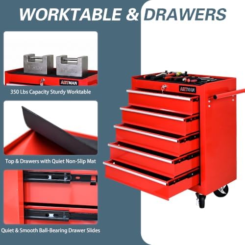 5 Drawers Rolling Tool Chest on Wheels, Multifunctional Tool Cart Tool Storage, Drawers Rolling Tool Trolley Organizer Tool Case for Garage,Warehouse,Workshop,Repair Shop (5 Drawers-Red)
