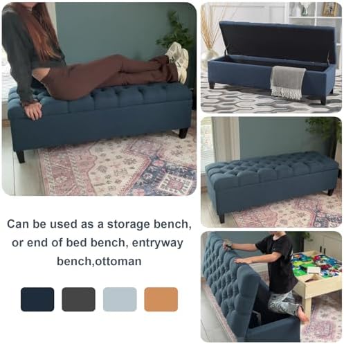 Fabric Storage Ottoman Bench, 51" Navy Blue Storage Bench End of Bed, Entryway Bedroom Benchs with Safety Hinges, Button Tufted Ottoman with Storage for Living Room, Entryway and Hallway