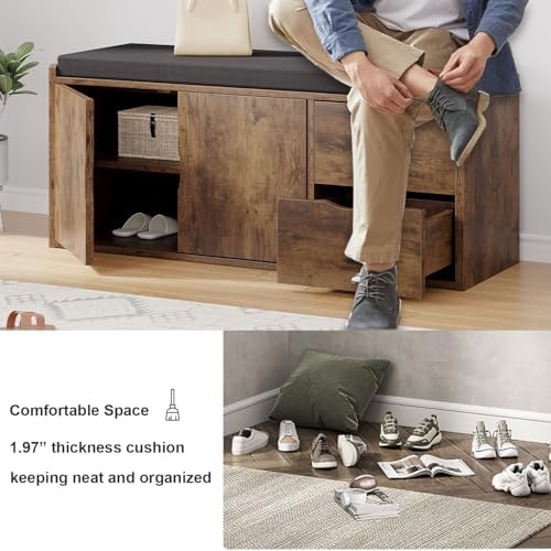LVB Entryway Shoe Bench, Rustic Storage Bench with Cushioned Seating