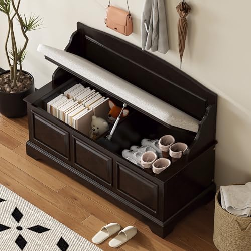 LUMISOL Shoe Storage Bench with Seating, 41.7” Farmhouse Entryway Bench with Cushion and Hidden Storage, Upholstered Storage Ottoman for Living Room, Entryway, Bedroom, Espresso