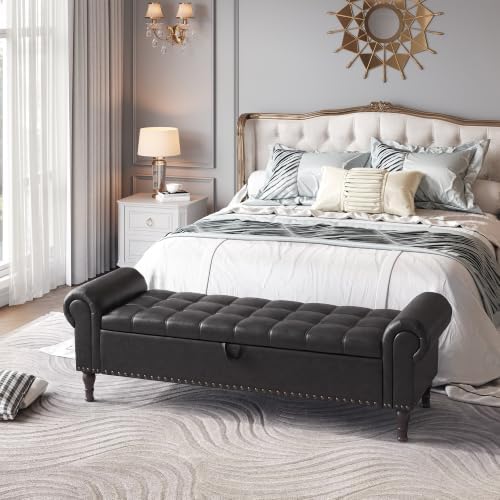 YOUDENOVA 60” Ottoman with Storage, Upholstered Storage Ottoman Bench with Rolled Arms, PU Leather Storage Bench for Bedroom, Living Room, Entryway, Black