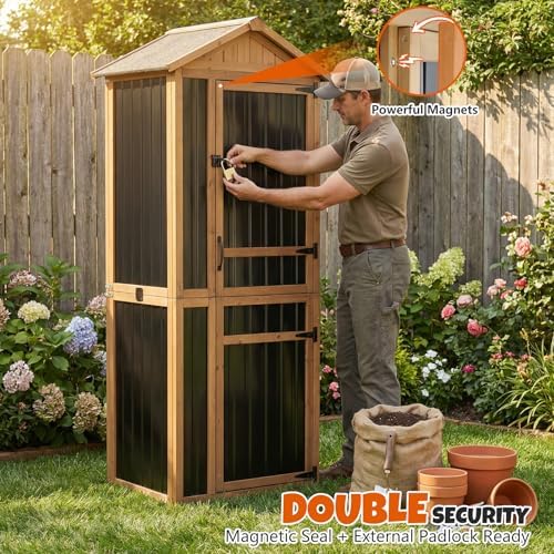4-Tier Metal & Wood Outdoor Storage Cabinet with Reinforced Frame, Weatherproof Asphalt Roof, Adjustable Shelves, Lockable Doors for Patio, Garden, Garage Organization
