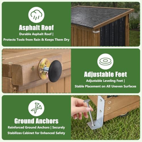 Outdoor Storage Cabinet, 51.4" W x 22.5" D x 70.5" H Tall Wood & Metal Garden Tool Shed with Fold-Out Table, 3 Fixed Shelves, Lockable Doors, Asphalt Roof for Patio, Backyard, Garage