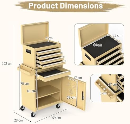TANGZON Rolling Tool Chest, 2-in-1 Large Capacity Tool Cabinet with Wheels, 5 Drawers & Auto-Locking System, Heavy-Duty Metal Toolbox for Workshop, Warehouse, Garage (Yellow)