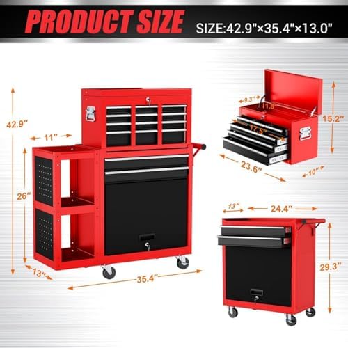 Heavy Duty 8 Drawer Rolling Tool Chest, 3-in-1 Modular Tool Box Set with Detachable 4-Tire Utility Cart, Lockable Workshop Tool Cabinet with Protective Liner for Industrial Warehouse, Red