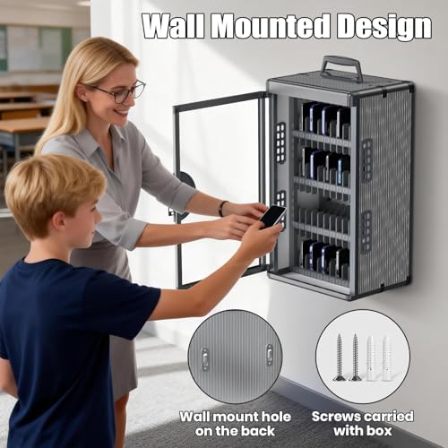 48 Slots Cell Phone Locker for Classroom with Key, Portable Mobile Phone Storage Box with Handle & Charging Hole, Phone Lock Box Wall Mounted for School (Black, 48 Slots)