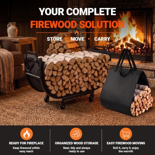 YQBRAO 32-Inch Firewood Rack, Rolling Firewood Cart with Log Carrier Bag