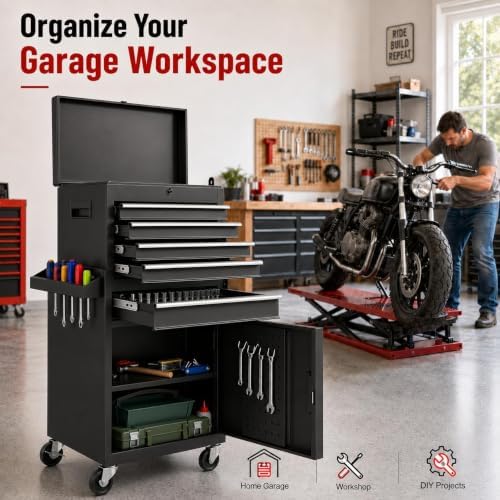 ARNOT 2-in-1 Rolling Tool Chest with 5 Drawers, Heavy-Duty Metal Tool Box with Wheels, Detachable Top Tool Box & Rolling Tool Cabinet for Garage, DIY (5-Drawers, Black)