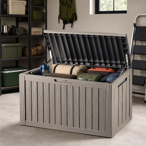Outdoor Storage Box Resin Deck Box Waterproof Gray Brown 98 Gallon