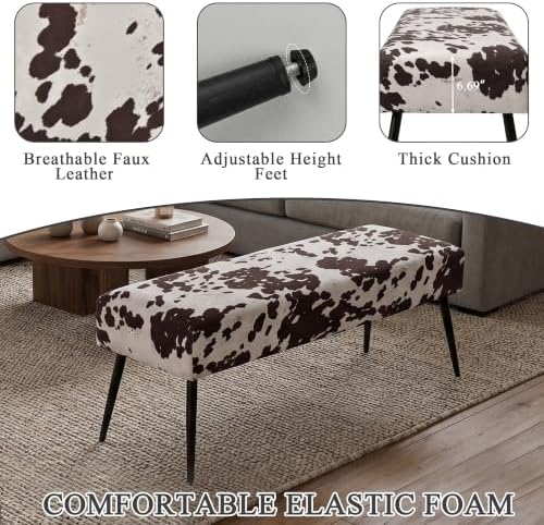 DUHOME Velvet Bench Ottoman, Upholstered Bedroom Benches Cow Print