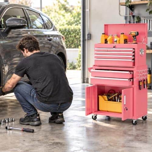 Bonusall Rolling Tool Chest with Wheels, 8 Drawer Metal Tool Cart with Portable Tool Box and Work Bench, Assembled Tool Chest with Drawer and Hooks for Garage, Workshop, Warehouse - Pink