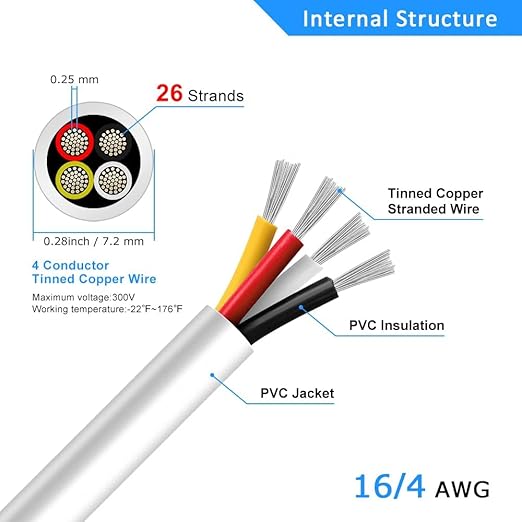 16 Gauge 4 Conductor Electrical Wire, 65.6FT White Stranded Low Voltage 16/4