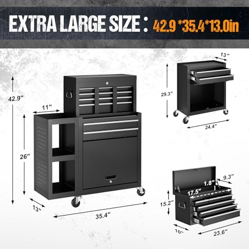 8-Drawer Rolling Tool Chest,3-in-1 Tool Box on Wheels with Lockable Steel Cabinet, Detachable Top Toolbox & Bottom Storage Cart with Additional Cabinet for Repair Room,Warehouse, Black New