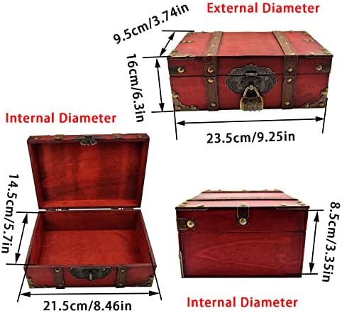 Vintage Decorative Wood Treasure Chest with Lock Jewelry Storage Box, Red