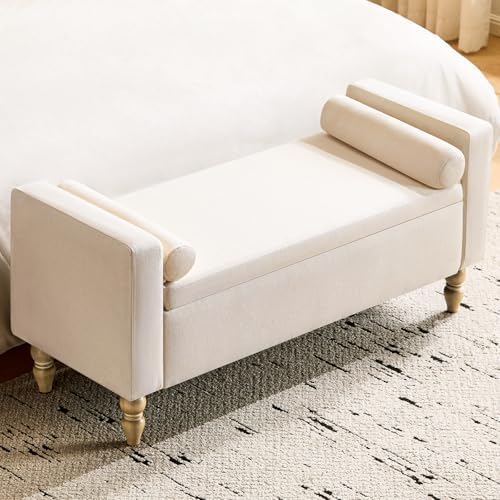 Storage Ottoman Bench, Upholstered End of Bed Bench Linen 45.7" Beige