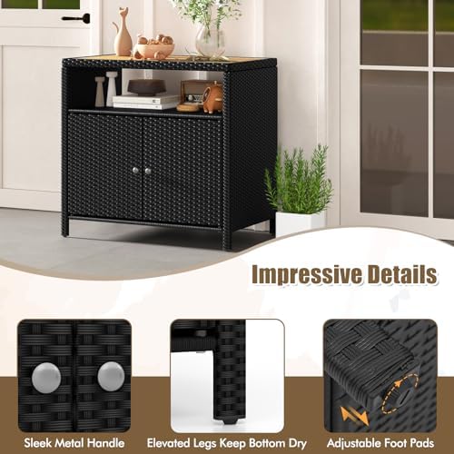 Rattan Storage Cabinet, Outdoor & Indoor Sideboards with Acacia Wood Countertop & Open Compartment, Wicker Patio Buffet Storage Bar Table for Garden Kitchen Poolside Backyard (Black)