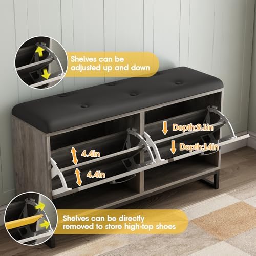 Maupvit Shoe Cabinet with 2 Flip Drawers & Coat Rack, Shoe Storage Bench with Seat Cushion for Entryway, 5 Large Sturdy Metal Hooks - with Locking Wall Parts, Washed Gray
