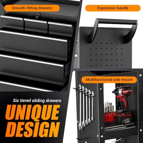 Tool Chest 6-Drawer, Heavy Duty Rolling Tool Chest with Stainless Steel Countertop/Side Drawer, Tool Cabinet with Lockable Drawers & 360° Wheels for Garage Storage, Workshop, Black