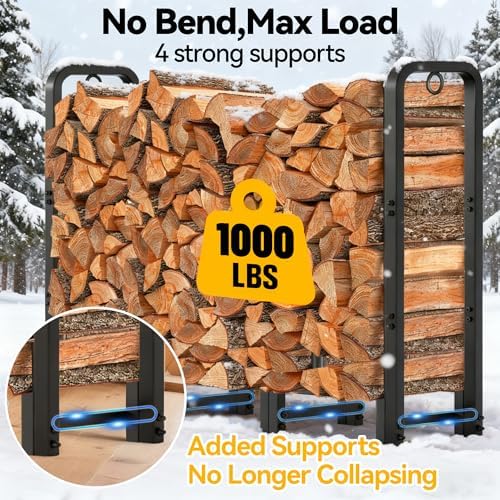 Amagabeli 4ft Firewood Rack Stand Adjustable Indoor Outdoor Fireplace Log Holder Heavy Duty Metal Wood Pile Storage Organizer Wrought Iron Lumber Stacker for Patio Black