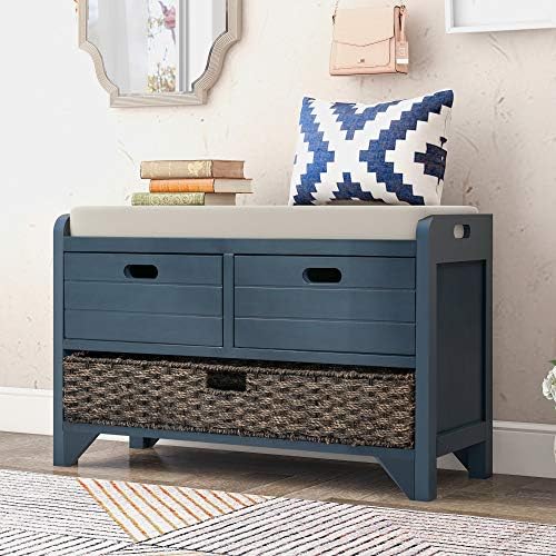SOFTSEA Storage Bench with Drawers and Basket, Farmhouse Shoe Bench with Seating and Cushion for Hallway Entryway Living Room, Full Assembled, Navy