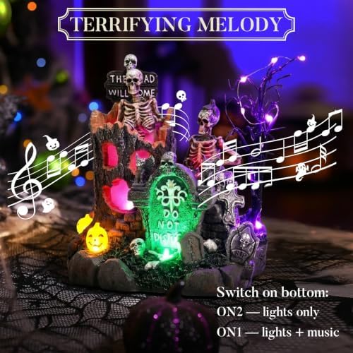 Valery Madelyn Halloween Decorations, Lighted Halloween Village with Music and LED Lights, Resin Spooky Tree and Skeleton Gravestones Scene Haunted House for Home and Party Table Desk Mantel, 8 Inch