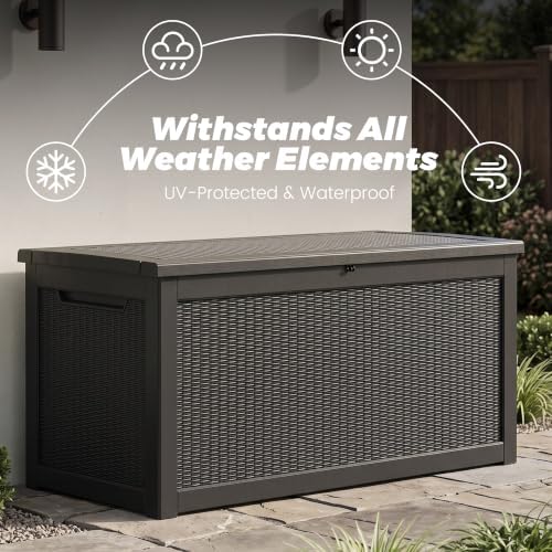 380 Gallon Outdoor Deck Box, Lockable Waterproof Outdoor Storage Boxes For Garden Tools,Indoor Cushions,Accessories Outside Storage Resin Weatherproof Container, Black