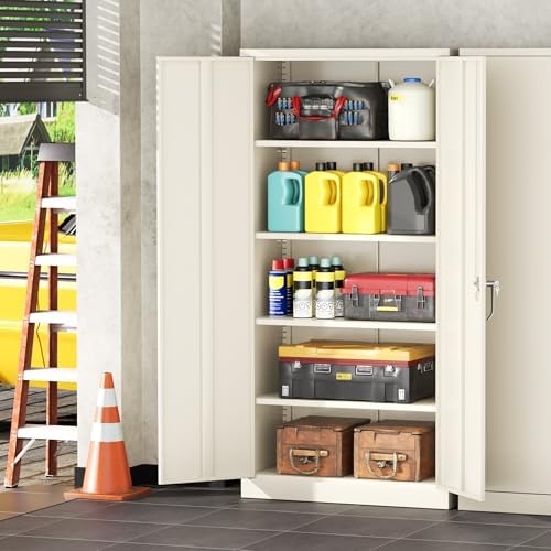 INTERGREAT Metal Garage Storage Cabinet with Lock, 72" Storage Cabinet with Locking Doors and 4 Adjustable Shelves, Lockable Steel Tool Cabinet for Home Office, School, Cream Grey