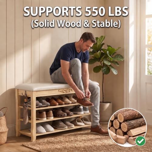 Shoe Rack Bench Entryway Storage with Leather Cushion, 31.5"