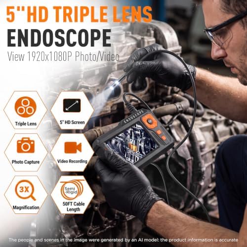 triple lens borescope, 5" ips screen, 1080p photo, side view