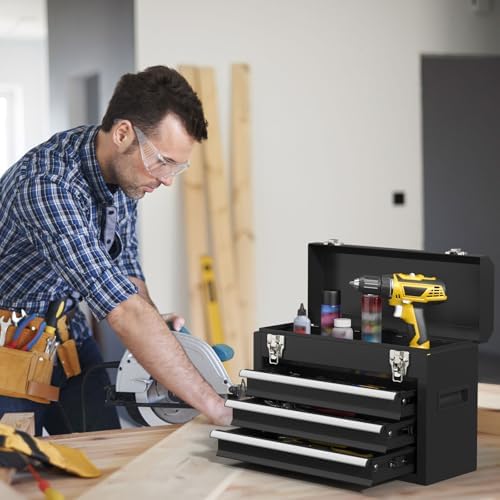 Portable Metal Tool Box – 3 Drawers Lockable Mini Toolbox, Heavy-Duty Tool Chest for Workshop & Garage (Black)