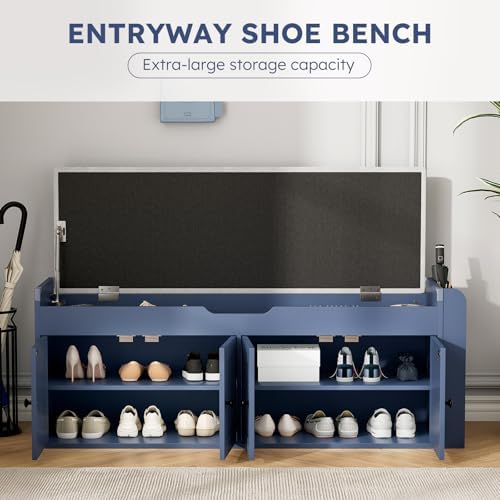 47.2" Storage Bench - Entryway Shoe Bench with Side Storage Shelves and 4 Doors, Multifunctional Entryway Bench with Lift Top Cushion, Shoe Storage Bench for Bedroom, Living Room, Navy Blue