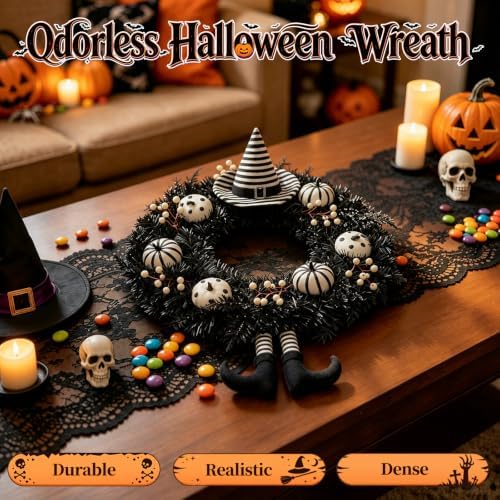 Grooy 24 Inch Halloween Wreath for Front Door with Striped Hat, Legs
