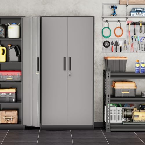 INTERGREAT Storage Cabinet with Doors and Shelves, Metal Garage Storage Cabinets with Lock, Lockable Steel Supply Cabinet for Home Office, Warehouse (Black Grey)
