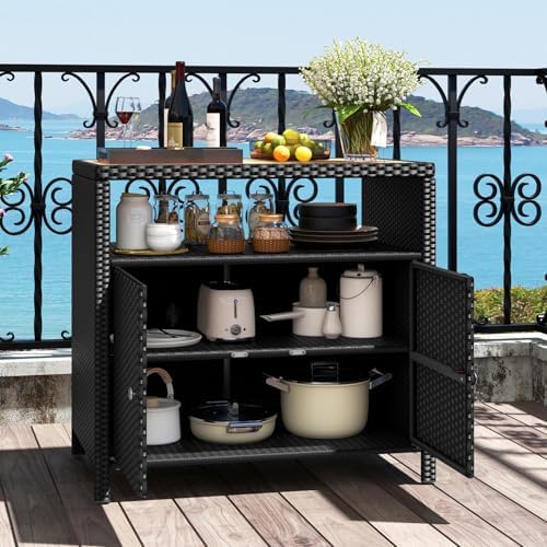 Rattan Storage Cabinet, Outdoor & Indoor Sideboards with Acacia Wood Countertop & Open Compartment, Wicker Patio Buffet Storage Bar Table for Garden Kitchen Poolside Backyard (Black)
