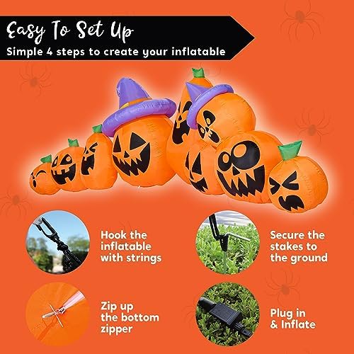 Joiedomi 12.5 FT Halloween Inflatable Pumpkin Outdoor Decorations, Blow Up Yard Decorations with Witch Hat, 9 Pcs Blow Up Pumpkin Inflatable with Built-in LEDs for Halloween Decor