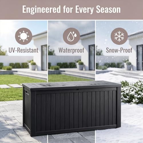 201 Gallon Large Resin Outdoor Storage Box, Waterproof Deck Box with Lockable Lid, Outside Storage Box for Patio Furniture, Pool Accessories, Garden Tools, Storage Bench for Backyard, Porch, Black