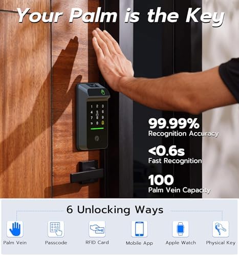 Anweller Palm Vein Smart Lock, Keyless Entry Door Lock for Front Door, Smart Deadbolt with Display Screen, Built-in WiFi, 10000mAh Battery, Keypad Code, RFID Card, Auto Lock