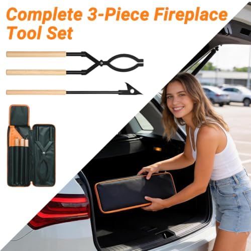 28 Inch Fireplace Tongs and Fire Poker Set with Storage Bag