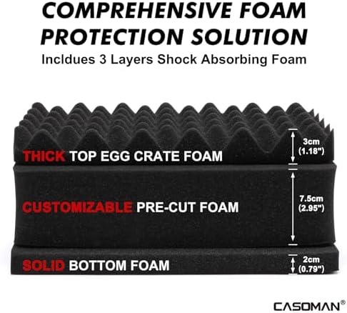 CASOMAN Water-proof and Dust-proof Protective Sturdy Plastic Storage Case with Cush-Proof Sponge and Customizable Foam, IP67 Water Proof Grade, 13.4" X 11.6" X 6"