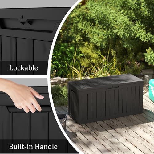 Outdoor Storage Box Waterproof with Wheels, 76 Gallon Lockable Resin Deck Box Patio Storage Bin for Pool Accessories Cushion Furniture, Garden Tools, UV-Resistant Outside Delivery Black
