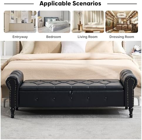 Storage Bench 67" Faux Leather End of Bed Benches Obsidian Black