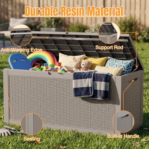 Outdoor Storage Box, 170 Gal Waterproof Resin Deck Box w/Support Rod